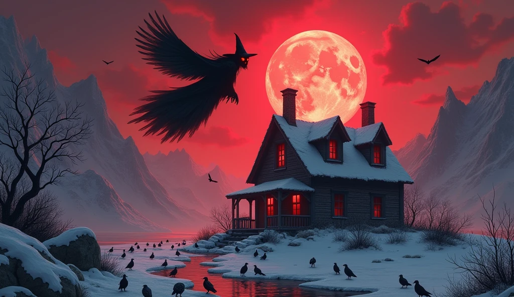 icy peaks,reddish sky, red lighting,Skull eyes glow throughout the ruined house, surrounded by crows,the moon,The evil witch flew through the air,Masterpiece artwork, highest quallity.