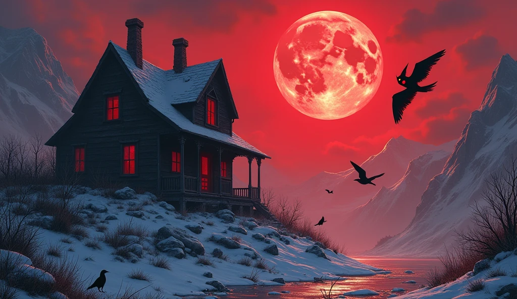 icy peaks，reddish sky, red lighting,Skull eyes glow throughout the ruined house, surrounded by crows，the moon，The evil witch flew through the air，Masterpiece artwork, highest quallity.
