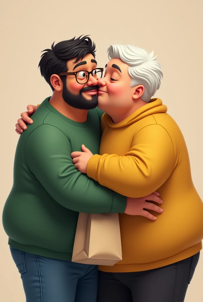chubby tanned guy with short wavy black hair with a mustache and round brown prescription glasses, green sweatshirt and jeans, hugging a chubby white guy with short wavy white hair, greeneyes, with yellow sweatshirt and black pants,with a beige ecobag