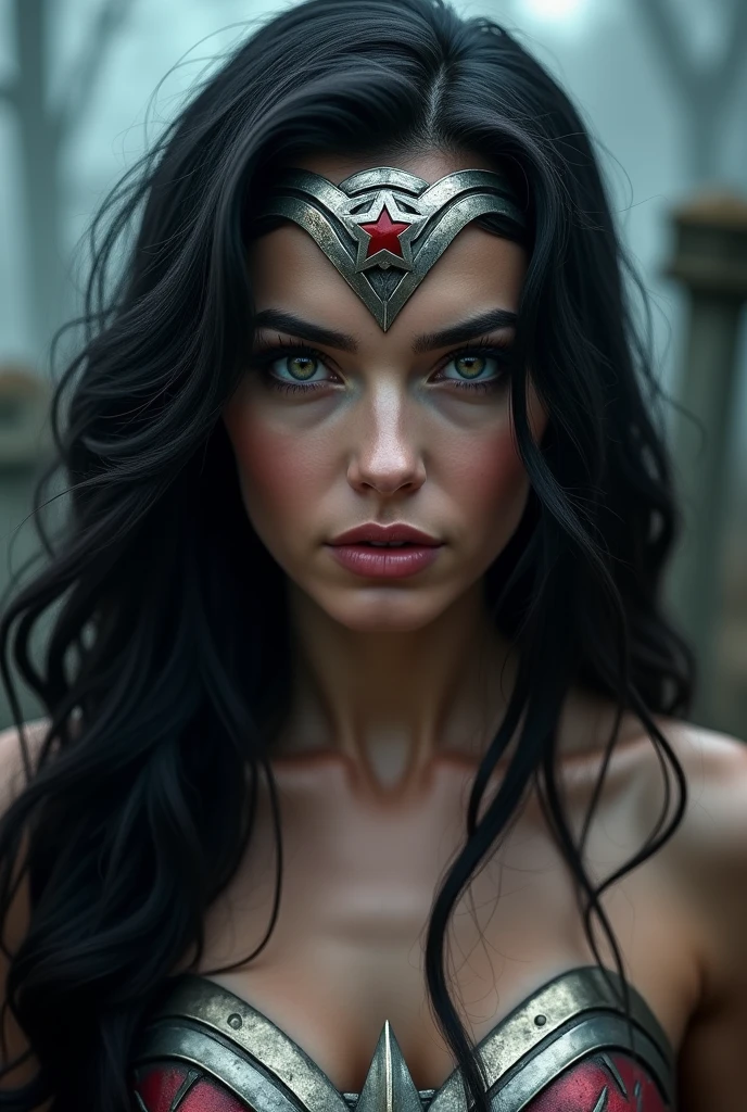 (((Extreme close-up Wonder Woman long black hair Diaema in silver colored metal with a red star on her forehead against Medusa Greek mythology in a cursed cemetery))) 