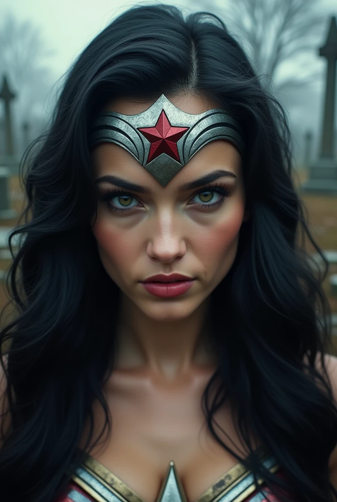 (((Extreme close-up Wonder Woman long black hair Diaema in silver colored metal with a red star on her forehead against Medusa Greek mythology in a cursed cemetery))) 