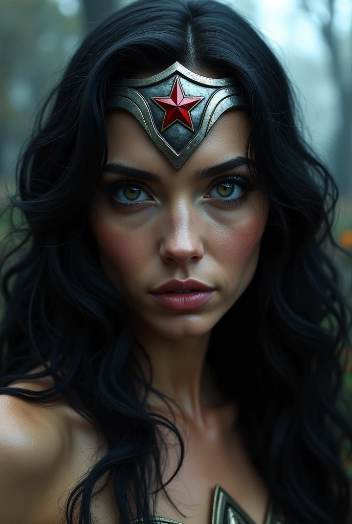 (((Extreme close-up Wonder Woman long black hair Diaema in silver colored metal with a red star on her forehead against Medusa Greek mythology in a cursed cemetery)))