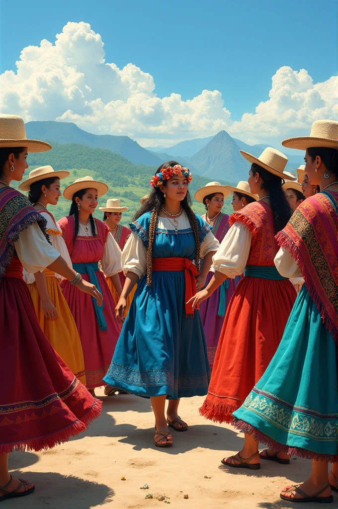 Image of Chilean national holidays, 8 women dressed as huasa and 6 men dressed as huaso