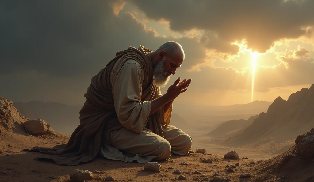 A deeply emotional biblical scene showing Job in a state of mourning and humility. He is depicted on his knees, with his face to the ground, in an arid landscape, his garments torn, and his head shaved as a sign of grief. The surrounding area is barren, reflecting the desolation he feels. Despite the overwhelming loss, Job is shown in a posture of worship, hands spread out as he prays. The sky above is a mix of dark clouds and a small ray of light, symbolizing his unwavering faith in God even in the midst of profound suffering, as described in the story of Job. cabeça raspada e barba branca roupa rasgada e suja de costa para o sol