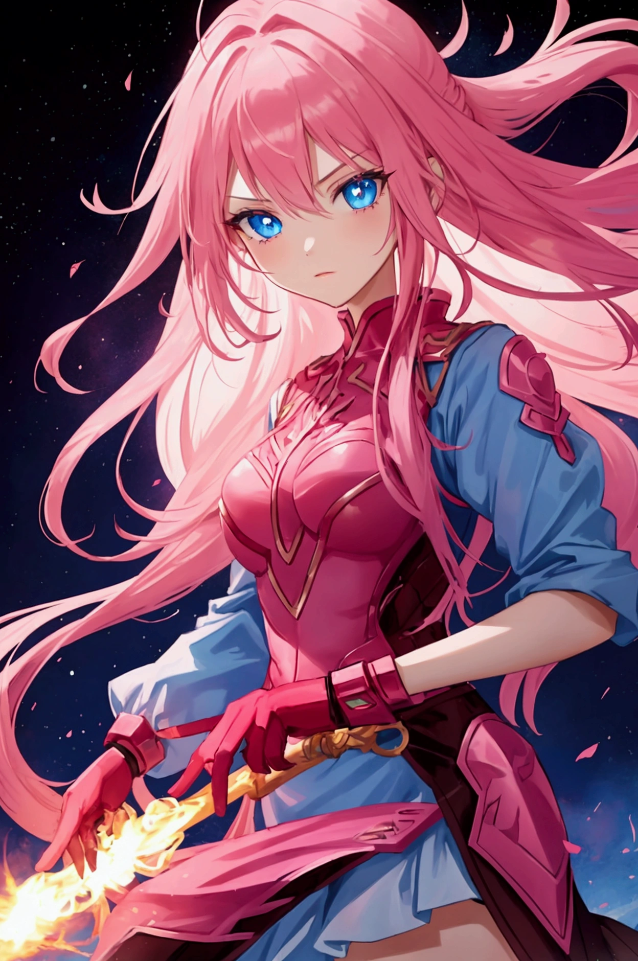 Girl with long pink hair and blue eyes. With fire powers holding it in her hands. Wearing pink and red revealing combat clothing and pink combat gloves. In a sexy and powerful pose 