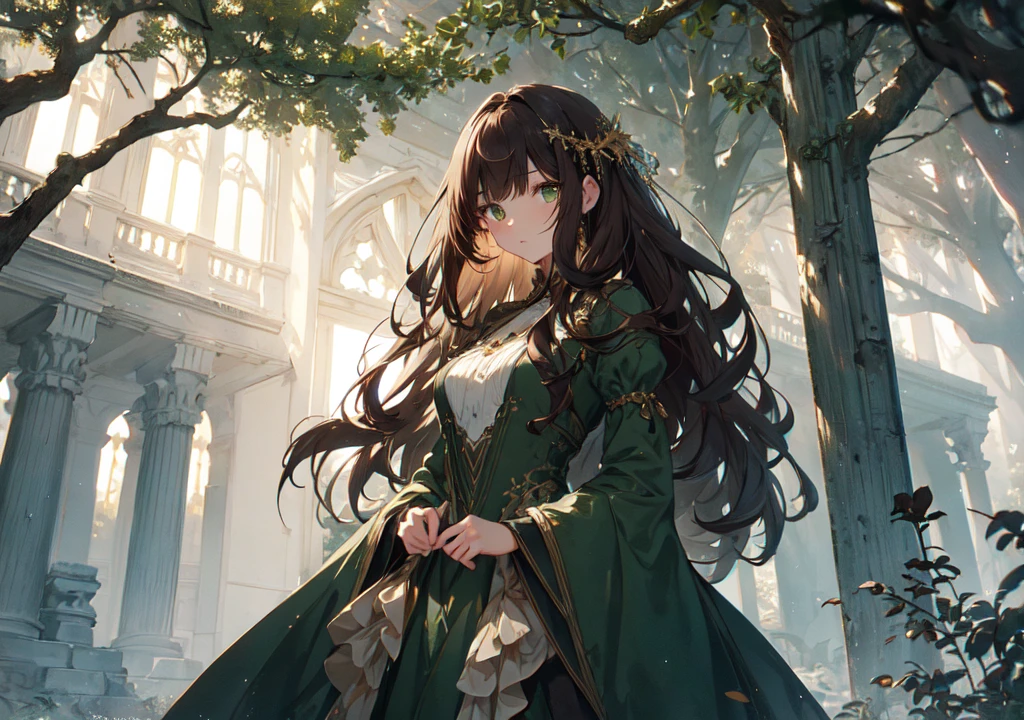 Realistic photos, Focus distance 10mm, Red and white, Beautiful girl, Realistic photos, Shooting at focus distance 10mm, masterpiece, 最high quality, high quality, Very detailed CG 8k wallpaper unit, Award-winning photography, Depth of written boundary, High resolution, bloom, chromatic aberration, Realistic, Very detailed, Art Station Trends, CGsociety Trends, Complex, High detail, dramatic, Art on the go, volumetric lighting, A Disney Princess-inspired beautiful young woman with long, wavy, dark brown hair and striking green eyes, standing in front of a grand, ancient mansion shrouded in mist. She wears a flowing, elegant gown in deep emerald green with gold accents, symbolizing both elegance and mystery. Her expression is a mix of determination and sadness, reflecting the weight of the secrets she carries. The background features an old oak tree with twisted branches and a full moon casting a soft, eerie light over the scene. The overall atmosphere is enchanting yet slightly ominous, with a touch of dark fairytale magic