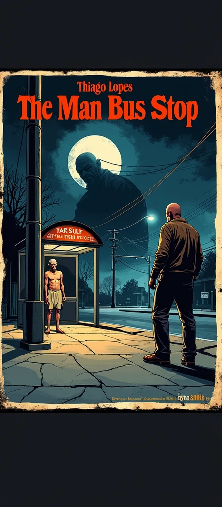 Create vintage poster style art, old movie posters, for the horror story, The Man at the Bus Stop, by the author Thiago Lopes, which tells the story of a bald and bitter bar owner who meets a naked old man at night and discovers that this man is waiting for the bus that will take him to hell.