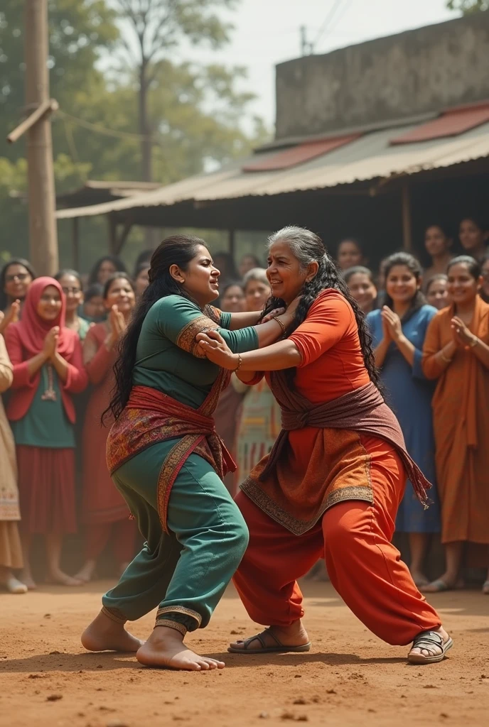 2 Pakistani 40 year old aunty wrestling each other. Many woman cheering 