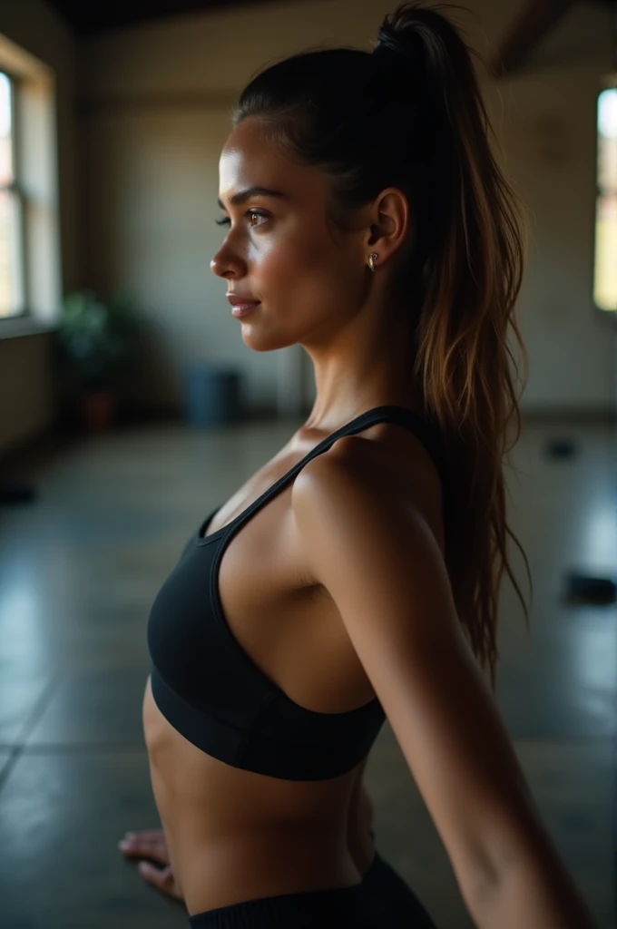 In a quiet gym environment, a brazilian woman doing yoga, wearing a revealing yoga outfit, with a close-up focused on the shape of her breasts and her concentration on the yoga poses, highlighting your inner peace and external beauty.