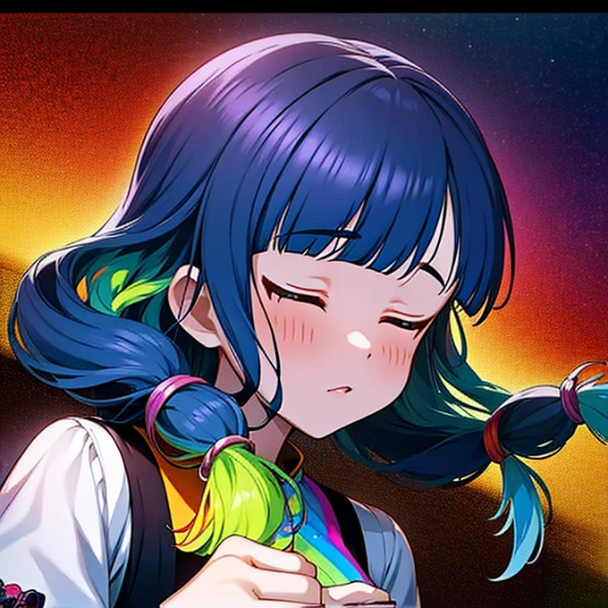 a close up of a person with colorful hair and a Rainbow Colors wig, rainbow hair overlay, Rainbow Colors hair, rainbow hair, Rainbow Colors, colorful hair, Colorful long hair, Kawaii Decoration RainbowCore, colorful braids, Hair coloring, colorful hair, Harajuku hair, cute colorful cute, half & half hair dye, Two-color Hair coloring agent bang dream 4th live, liveQR diagram, hololive, Anime cover, Detailed image, official artwork, game cover, Very detailed BD cover, live concert, Night Core, by Sengai, live, vivid), 2 days, QR diagram, singing, Sleeves, l7m, The album cover!, Use your index finger, visual novel cg, Lingchang