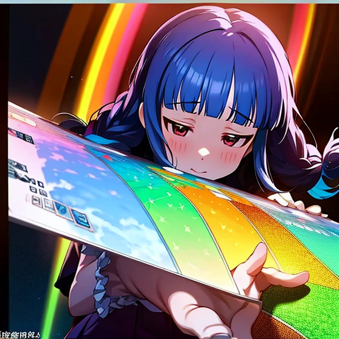 a close up of a person with colorful hair and a Rainbow Colors wig, rainbow hair overlay, Rainbow Colors hair, rainbow hair, Rainbow Colors, colorful hair, Colorful long hair, Kawaii Decoration RainbowCore, colorful braids, Hair coloring, colorful hair, Harajuku hair, cute colorful cute, half & half hair dye, Two-color Hair coloring agent bang dream 4th live, liveQR diagram, hololive, Anime cover, Detailed image, official artwork, game cover, Very detailed BD cover, live concert, Night Core, by Sengai, live, vivid), 2 days, QR diagram, singing, Sleeves, l7m, The album cover!, Use your index finger, visual novel cg, Lingchang