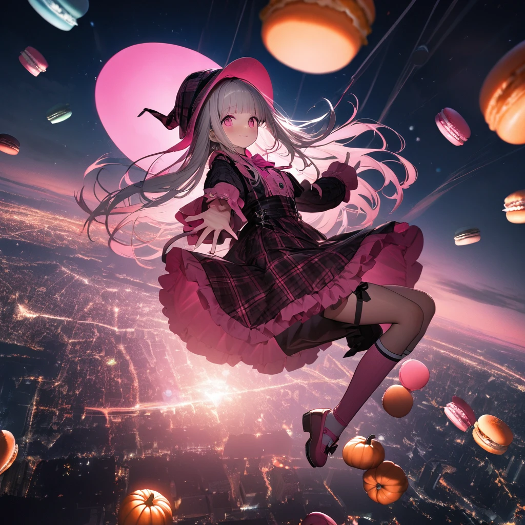 (8K, best quality, master piece: 1.2),ultra-high resolution,1 idol,solo,ultra-detailed face,detailed eyes,red eyes,mascara,blunt bangs,straight hair,Silver hair,long hair,zero gravity flight,flying,full body,tartan check Patterned Pink Halloween costume(Pink:1.5),tartan check Patterned Pink witch hat with Ribbon(Pink:1.5),knee-high socks,Pink mary janes(Pink:1.5),Sky blue ribbon tie,outstretched arms,looking at viewer,blush,happy,from side,Cinematic Lighting,(many lollipops are floating in the sky:1.2),(meny macarons are floating in the sky:1.2),3 pumpkins are floating in the sky,night sky,over New York City residential area