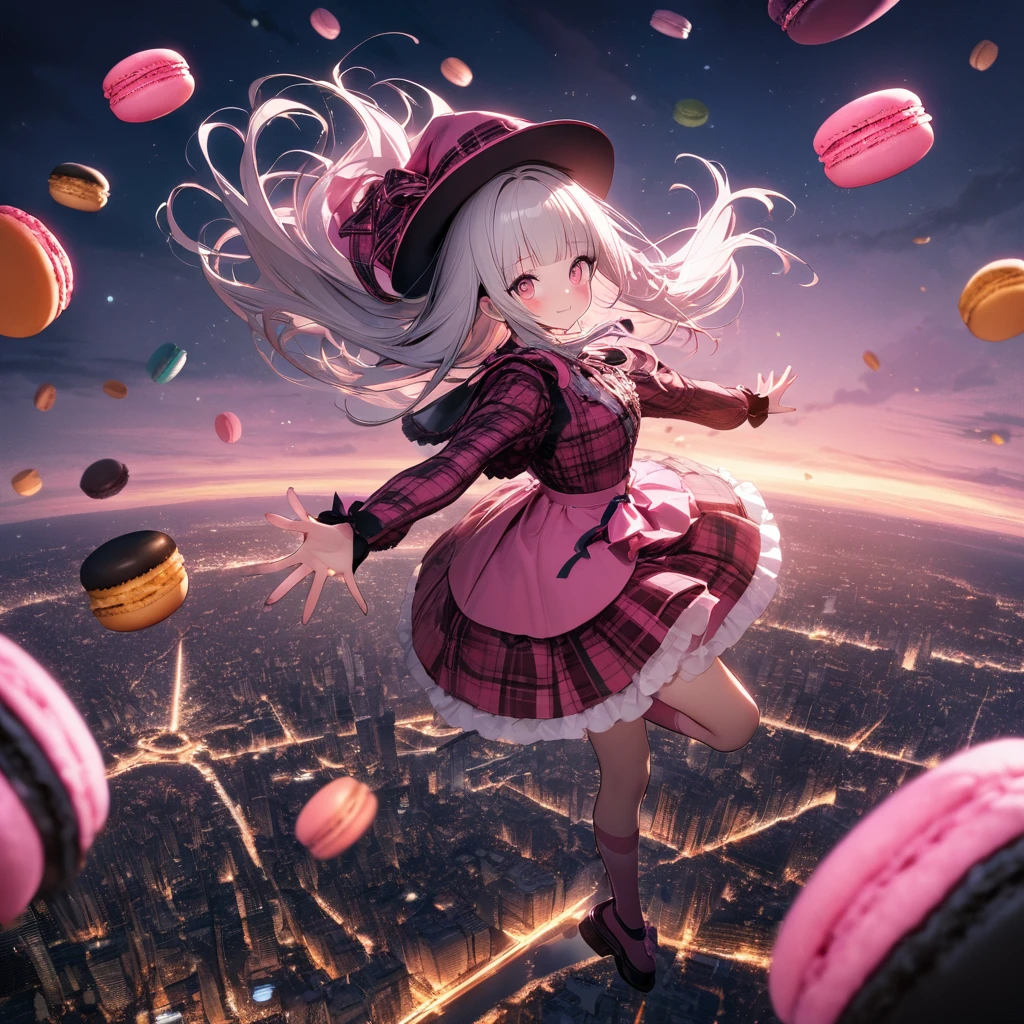 (8K, best quality, master piece: 1.2),ultra-high resolution,1 idol,solo,ultra-detailed face,detailed eyes,red eyes,mascara,blunt bangs,straight hair,Silver hair,long hair,zero gravity flight,flying,full body,tartan check Patterned Pink Halloween costume(Pink:1.5),tartan check Patterned Pink witch hat with Ribbon(Pink:1.5),knee-high socks,Pink mary janes(Pink:1.5),Sky blue ribbon tie,outstretched arms,looking at viewer,blush,happy,from side,Cinematic Lighting,(many lollipops are floating in the sky:1.2),(meny macarons are floating in the sky:1.2),3 pumpkins are floating in the sky,night sky,over New York City residential area