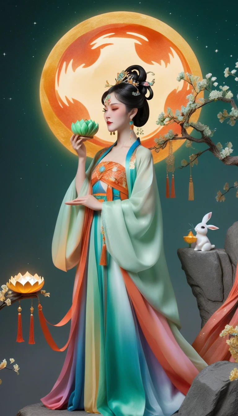 Three-dimensional ancient style, vivid Chinese aesthetics, elegant ancient Chinese fairy, Chang'e holding a mooncake, moon rabbit, starry sky, osmanthus tree, woman in luxurious seven-color rainbow Hanfu on a cliff gazing at the stars, stunning facial features, (full body:1.4), vibrant colors, sparkling attire with glittering stone patterns, shoes of semi-transparent crystal, seven-color gradient fluorescent ribbons, exquisite, light wave, traditional, delicate, perfect composition, ultra HD, crescent earrings, raised eyebrows, phoenix ornament, forehead gemstone, National style, Acrylic, Immortal aura, Mint green tones, Normal perspective, Trend on Artstation