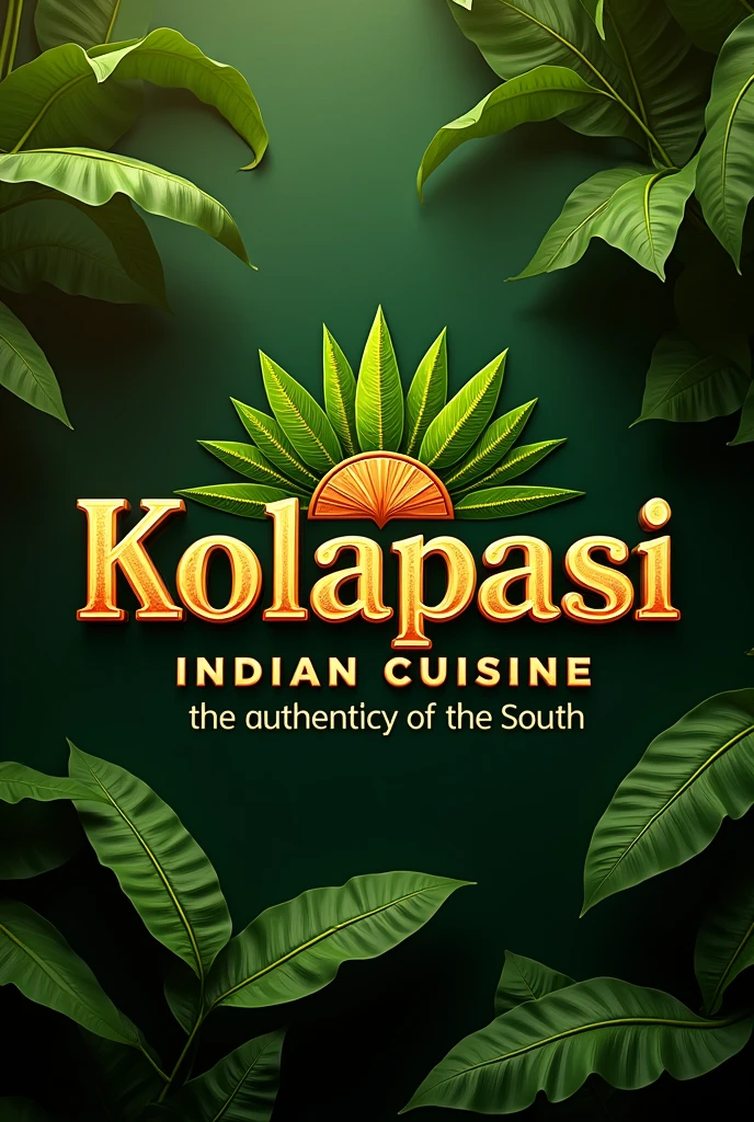 Banana leaf background and the restaurant name Kolapasi Indian Cuisine with tag line the authenticity of the south