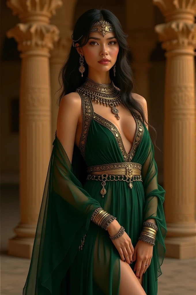 Create the image of Egyptian concubine clothing, The colors are dark green and bronze