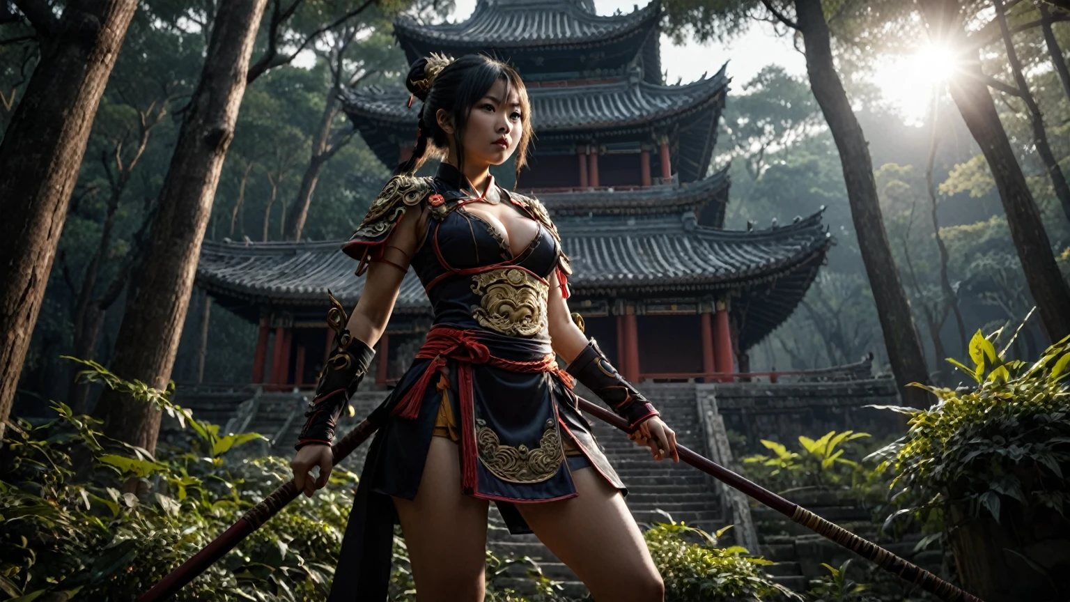 An ancient Chinese temple ruin in a forest, inspired by the game Black Myth Wu Kong, (low angle view), at dark night. (1girl, solo, alone), female Sun Wu Kong cosplayer, medium-breast slim:0.6 body, oval:0.4 face, cleavage:1.1, Wu Kong's costume and outfits, Wu Kong's weapon (long stick), (slightly leaning forward running pose), half-body thigh level medium shot, cinematic lighting, ray tracing.