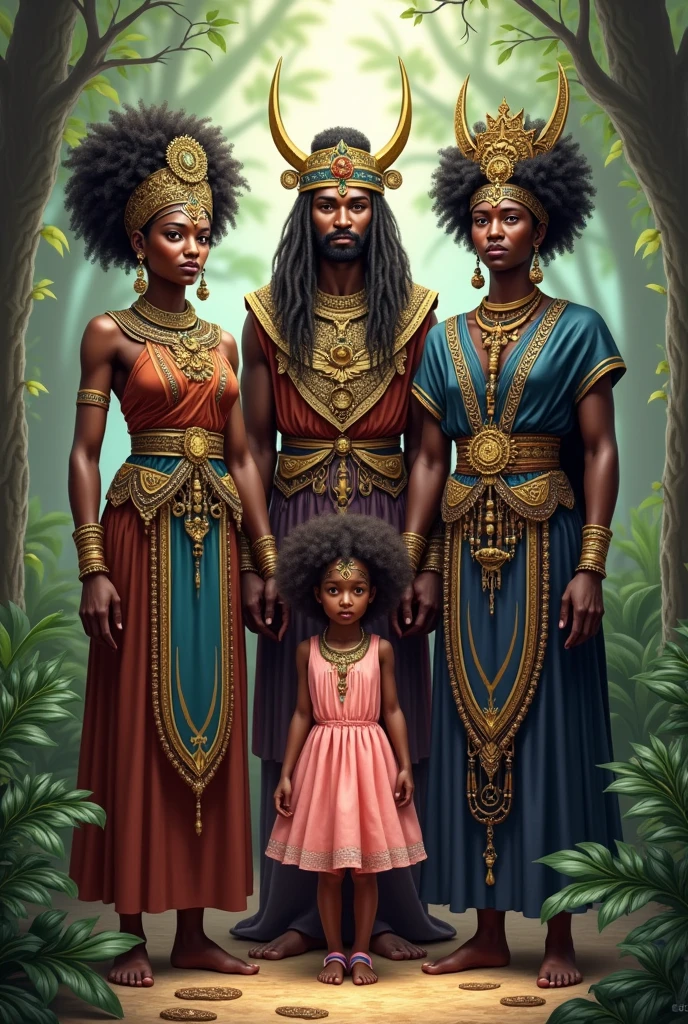  Orisha Oxum Yemanja , Oxossi OBALUAÊ and a small child next to them, about , black with afro hair and dressed in a pink dress

