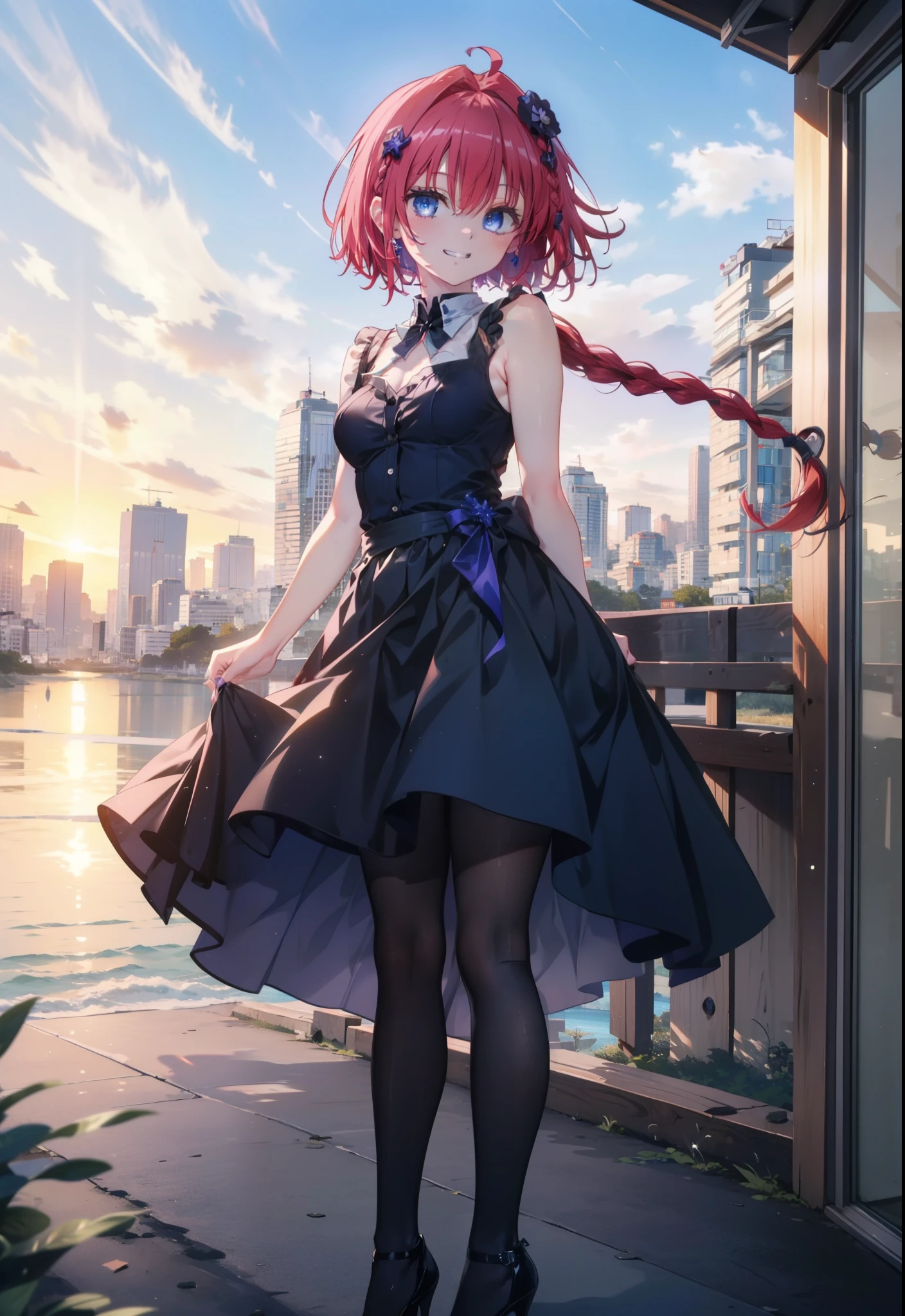 Kurosaki mea,Redhead,Long Hair,Long braids,Purple eyes,1 person,Grin,smile,sleeveless black dress,Bare arms,Black long skirt,Black Pantyhose,Stiletto heels,evening,sunset,The sun goes down,
break looking at viewer,whole body, (Cowboy Shot:1. 5)
break outdoors, Coastal Road,
break (masterpiece:1.2), Highest quality, High resolution, unity 8K wallpaper, (shape:0.8), (Beautiful and beautiful eyes:1.6), Highly detailed face, Perfect lighting, Highly detailed CG, (Perfect hands, Perfect Anatomy),