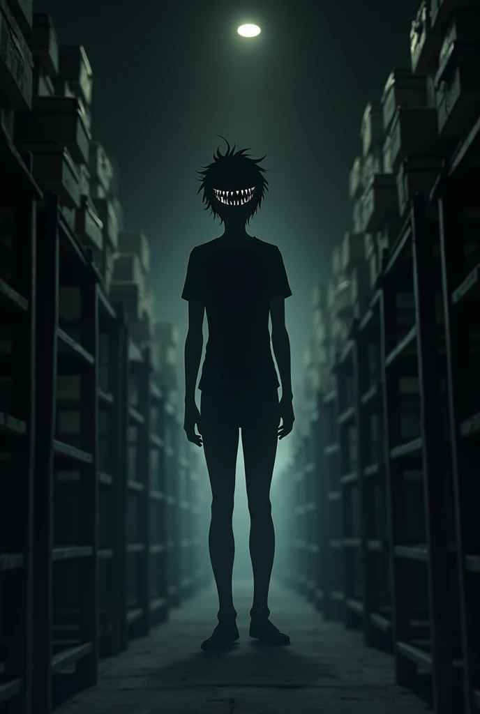 The image is anime style with shadows and dim lights, anime style although somewhat adult and dark, In it she appears in a storage room, a shadowy figure, floating in the center, It looks like a human silhouette, but you can&#39;t see anything of it, except for a white smile that runs from ear to ear.