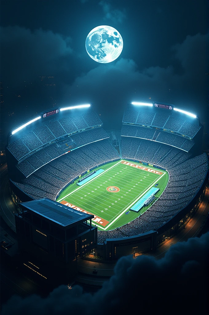 Poster of an American football stadium seen from above at night, with a football-shaped moon grid, In 4k.