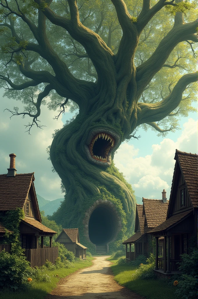 Inside a village is a monstrous looking tree with a hidden door inside