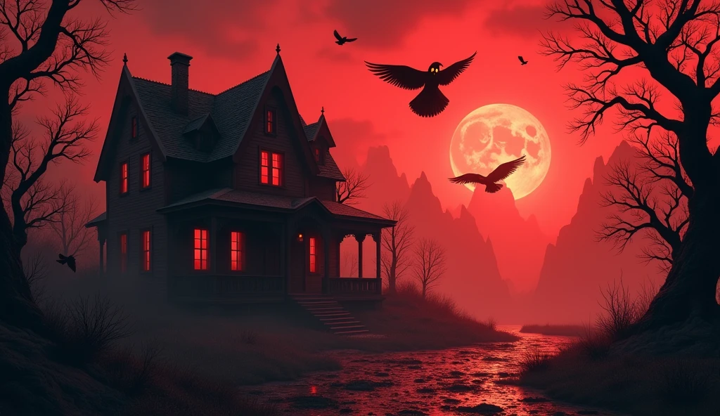 peaks,reddish sky, red lighting, Twisted branches, Skull eyes glow throughout the ruined house, surrounded by crows,the moon,The evil witch flew through the air,Masterpiece artwork, highest quallity.