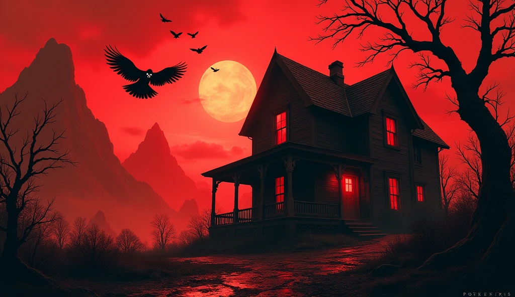 peaks,reddish sky, red lighting, Twisted branches, Skull eyes glow throughout the ruined house, surrounded by crows,the moon,The evil witch flew through the air,Masterpiece artwork, highest quallity.