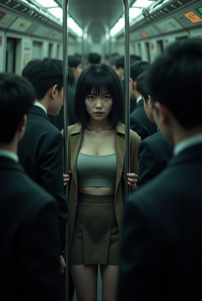 Take pictures from very far away and out of focus、full body figure、Inside a crowded train with dark lighting、Black-haired Japanese woman with closed eyes、Physical contact by a group of men, She is wearing a collar, the front of her coat is open, and she is wearing a miniskirt.、big round hips、woman with very big breastany men are paying attention to her、touch her body closely。She looks at me with an embarrassed expression。