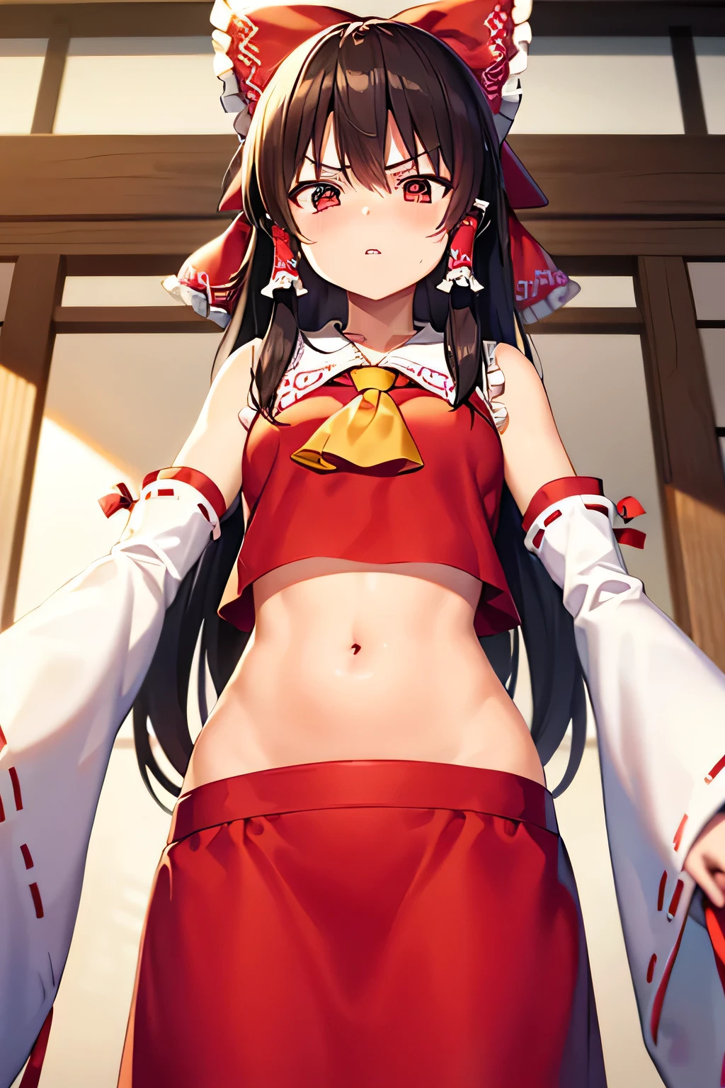 super fine illustration, vibrant colors, masterpiece, sharp focus, best quality, depth of field, cinematic lighting, ultra detailed, belly, belly button, bellybutton, navel, tummy, shrine maiden, hakurei reimu, 1girl, hair bow, ascot, hair tubes, detached sleeves, looking down, red shirt, red skirt, long skirt, very long hair, dark brown hair, mature woman, hakurei reimu, 1girl, hair bow, ascot, hair tubes, miko, detached sleeves, Reimu Hakurei, annoyed, indoors, chestnut mouth, parted lips, midriff, wide hips, stomach, ear_cleaner, mimikaki
