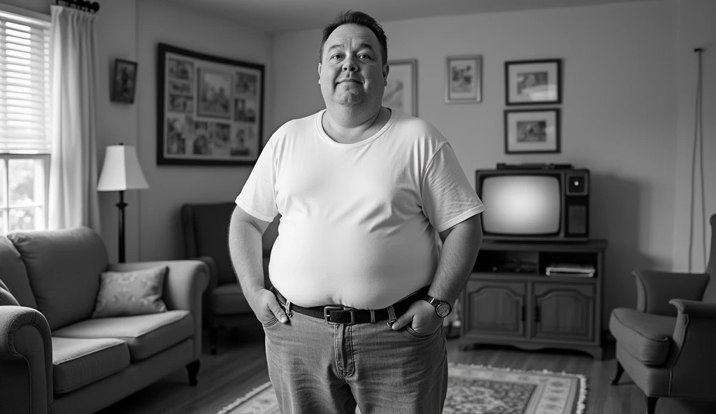 Capture a black and white photograph of a man who bears a strong resemblance to Homer Simpson, presented in a realistic manner. The man is of average build with a slightly round figure, wearing a plain white t-shirt and blue jeans, reminiscent of Homer's iconic outfit. His expression is a blend of bemusement and concentration, reflecting the character's well-known personality.The setting is a typical American living room from the 1950s or 1960s, featuring period-specific furniture such as a vintage sofa, a patterned rug, and a classic television set. The room's decor includes simple, mid-century elements like framed family photos and a modest lamp. Use a DSLR or mirrorless camera with a 50mm f/1.8 lens, set the aperture to f/2.8, the shutter speed to 1/500s, and the ISO to 400 to capture the nuances of the scene and the subject’s resemblance to the character.
