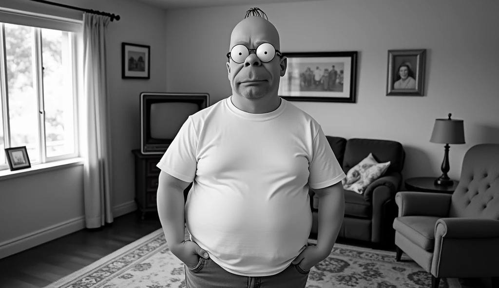 Capture a black and white photograph of a man who bears a strong resemblance to Homer Simpson, presented in a realistic manner. The man is of average build with a slightly round figure, wearing a plain white t-shirt and blue jeans, reminiscent of Homer's iconic outfit. His expression is a blend of bemusement and concentration, reflecting the character's well-known personality.The setting is a typical American living room from the 1950s or 1960s, featuring period-specific furniture such as a vintage sofa, a patterned rug, and a classic television set. The room's decor includes simple, mid-century elements like framed family photos and a modest lamp. Use a DSLR or mirrorless camera with a 50mm f/1.8 lens, set the aperture to f/2.8, the shutter speed to 1/500s, and the ISO to 400 to capture the nuances of the scene and the subject’s resemblance to the character.