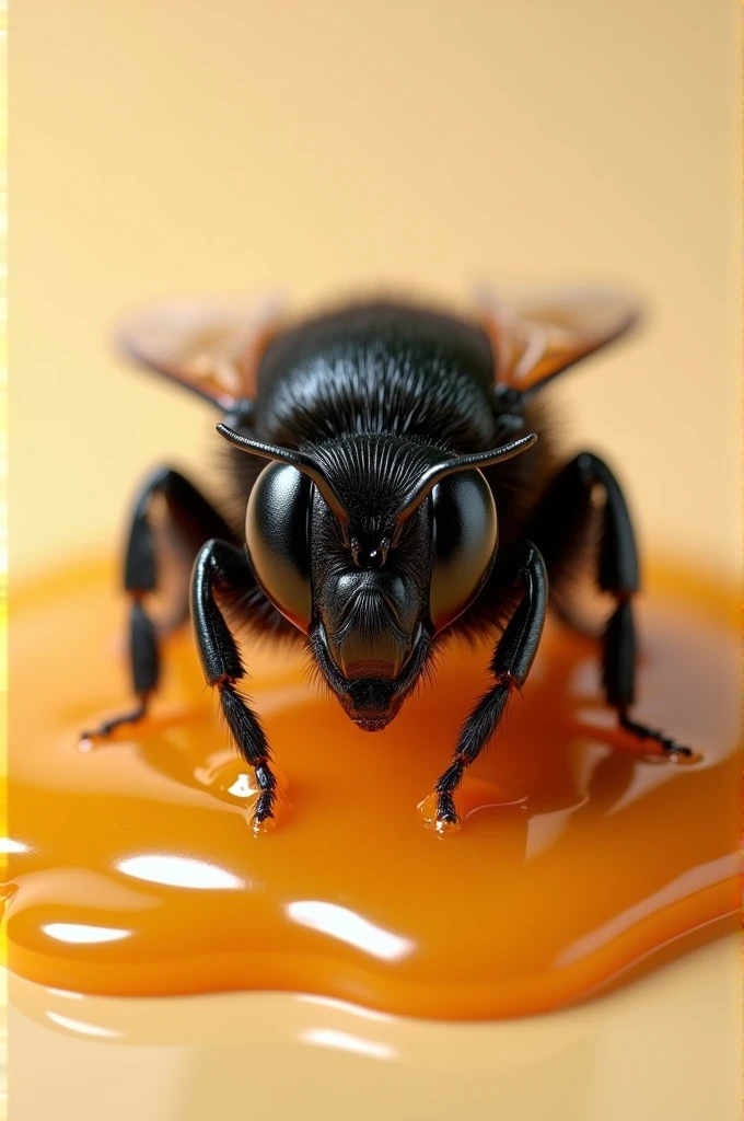 black stingless bee from front side angle with melt of honey in graphics 