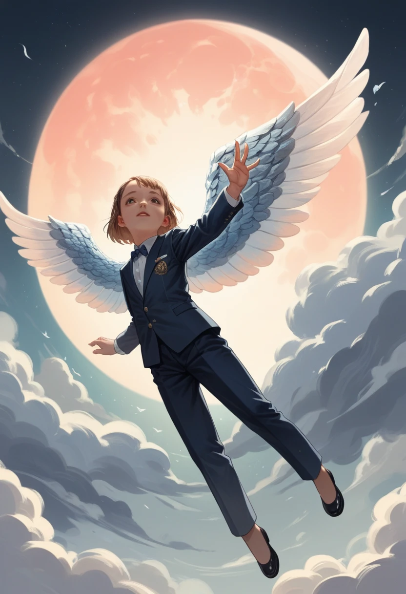 young girls flying silver gold suit with magic wings huge moon and giant red full sun of enchantment red giant moons blue silver gold suit