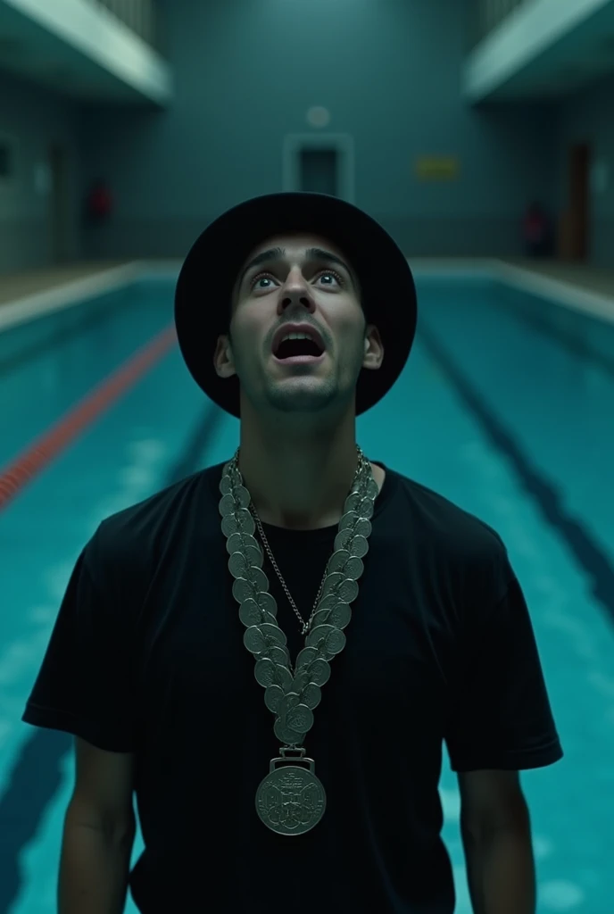 A YouTube thumbnail with a 16:9 aspect ratio with a cinematic atmosphere of a man with glasses, crying for help, wearing a black hat and shirt. He has a necklace with twenty Olympic medals. He is standing in front of an indoor pool. The background includes the pool with clear water, reflecting the gloomy atmosphere. The overall image has dark, soft lighting, highlighting the man's facial features. The “Joel Jota” text is subtly integrated into the scene, ensuring that it does not divert visual focus from the man and the pool.