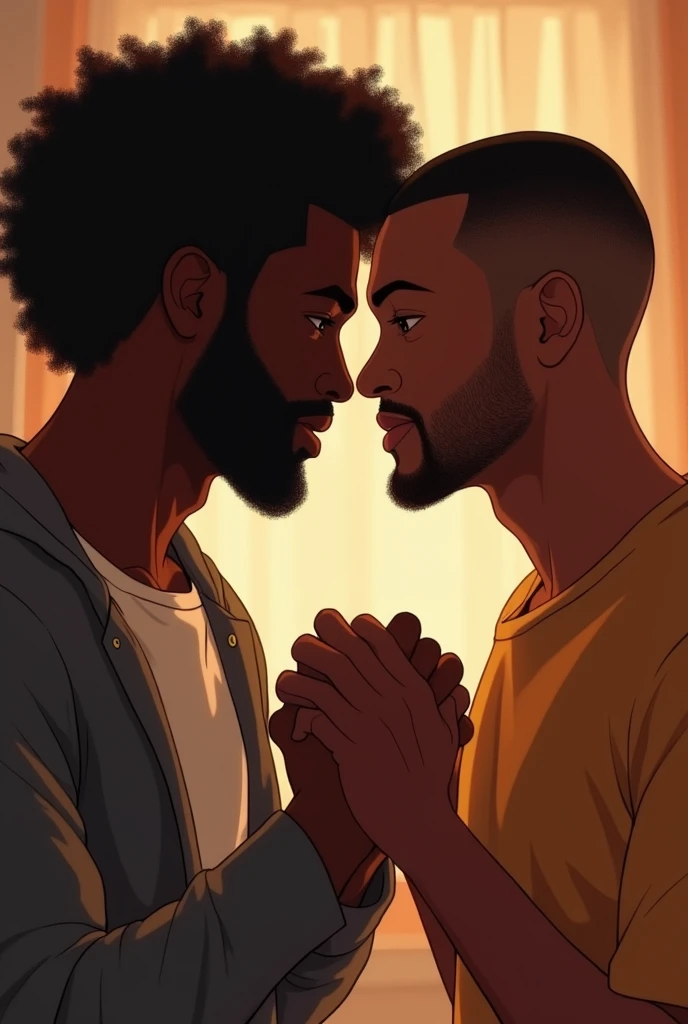 Two men holding hands looking at each other face to face, cheesy dark-skinned, one with afro hair and the other straight, both are dark-skinned