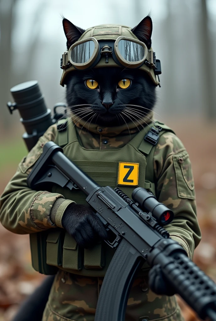 Create a black cat fighting against Ukraine. He is wearing Russian camouflage clothing and has an AK in his hand and an RPG on his back. He is wearing a bulletproof vest with the letters Z. He is wearing a helmet with night vision and an AK with an extended comb.