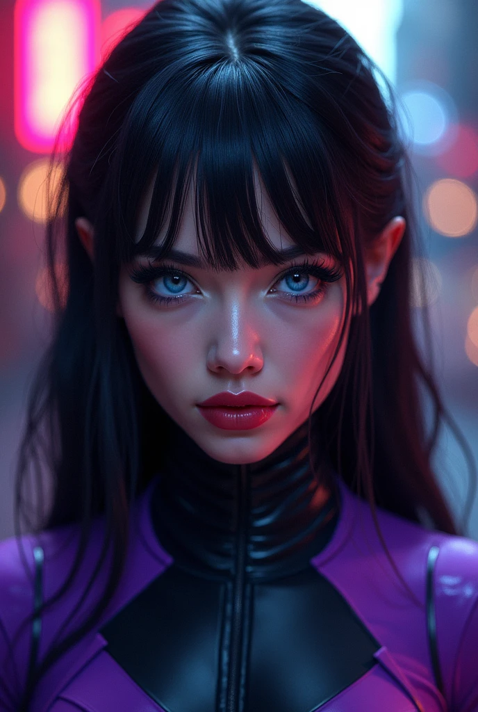 a white-skinned girl with black hair and white front strands,blue eyes,a black and purple costume,marvel comic book poster,spider-woman,detailed face,extremely detailed eyes and face,beautiful detailed lips,longeyelashes,cinematic lighting,dramatic pose,dynamic action,comic book art style,vibrant colors,high contrast,4k,best quality,ultra-detailed
