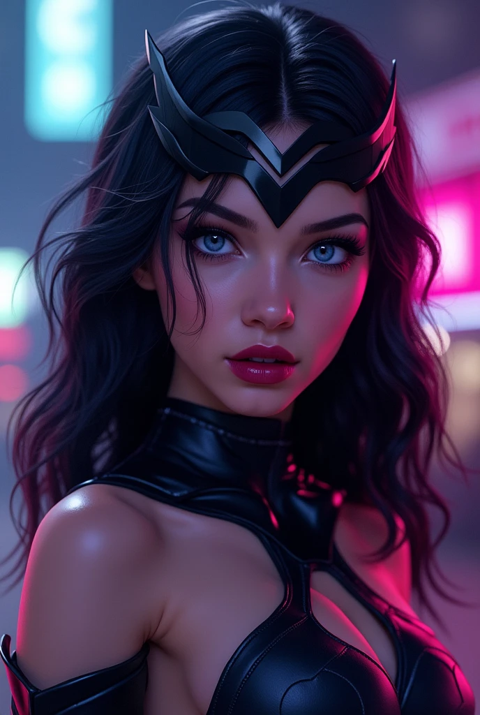 a white-skinned girl with black hair and white front strands,blue eyes,a black and purple costume,marvel comic book poster,spider-woman,detailed face,extremely detailed eyes and face,beautiful detailed lips,longeyelashes,cinematic lighting,dramatic pose,dynamic action,comic book art style,vibrant colors,high contrast,4k,best quality,ultra-detailed