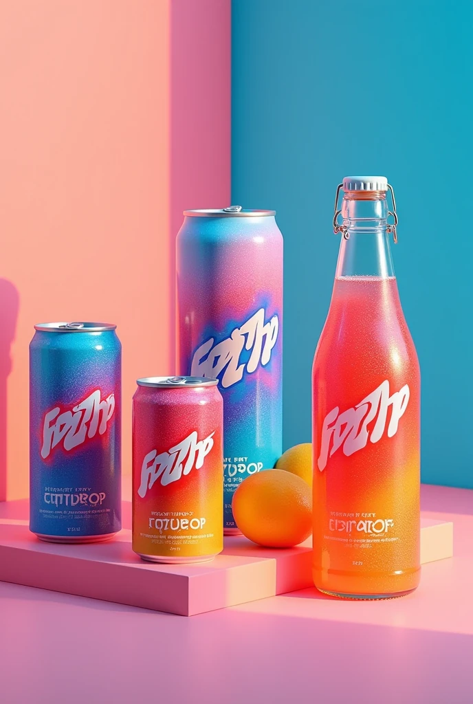 MAKE AN IMAGE OF A NEW AND INNOVATIVE SODA OF VARIOUS COLORS CALLED FIZZPOP make 3 presentations in a can, a plastic bottle and in a small box