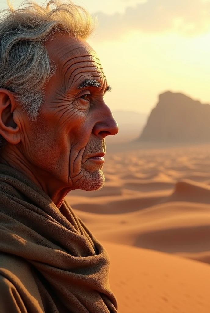 Humans face at a old desert beautiful wide view 
