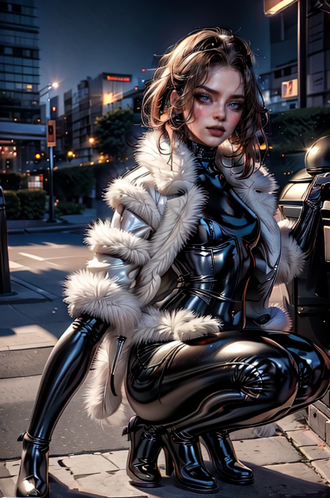 a beautiful young woman with long red hair, wearing a tight black latex outfit, a white fur coat, and sunglasses, (best quality,4k,8k,highres,masterpiece:1.2),ultra-detailed,(realistic,photorealistic,photo-realistic:1.37),detailed face, detailed eyes, detailed lips, long eyelashes, beauty, fashion, portrait, glamorous, elegant, studio lighting, dramatic lighting, high contrast, vivid colors, cinematic,xuer white fur coat,latex outfit