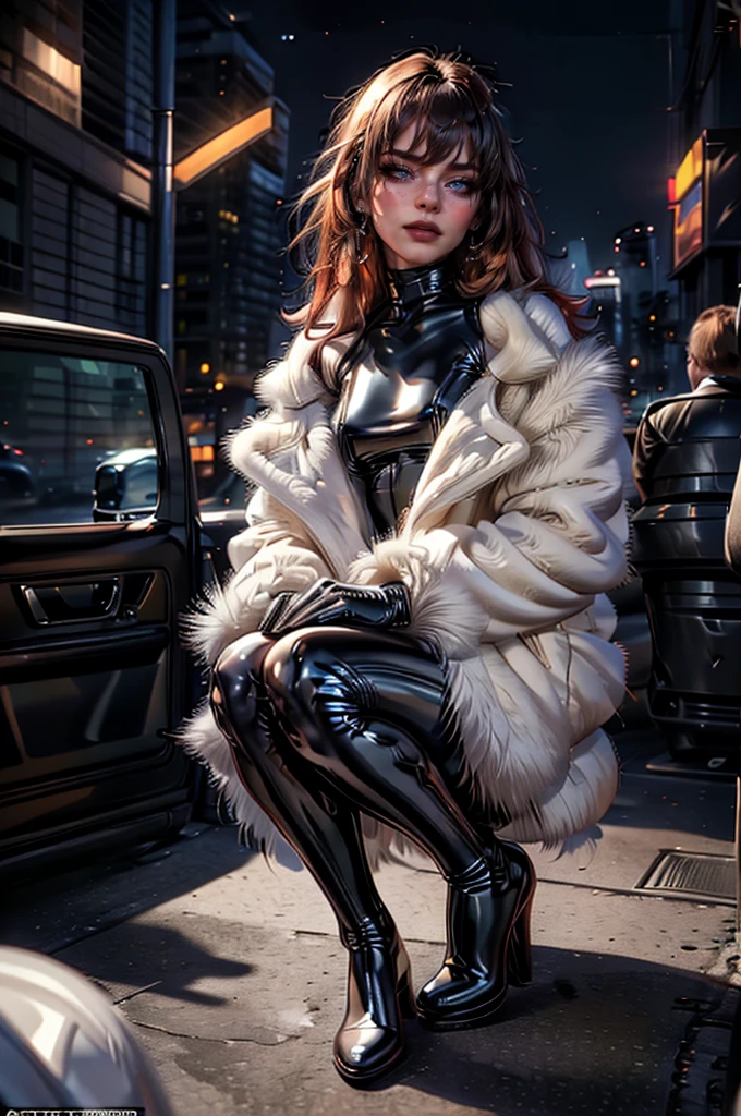 a beautiful young woman with long red hair, wearing a tight black latex outfit, a white fur coat, and sunglasses, (best quality,4k,8k,highres,masterpiece:1.2),ultra-detailed,(realistic,photorealistic,photo-realistic:1.37),detailed face, detailed eyes, detailed lips, long eyelashes, beauty, fashion, portrait, glamorous, elegant, studio lighting, dramatic lighting, high contrast, vivid colors, cinematic,xuer white fur coat,latex outfit