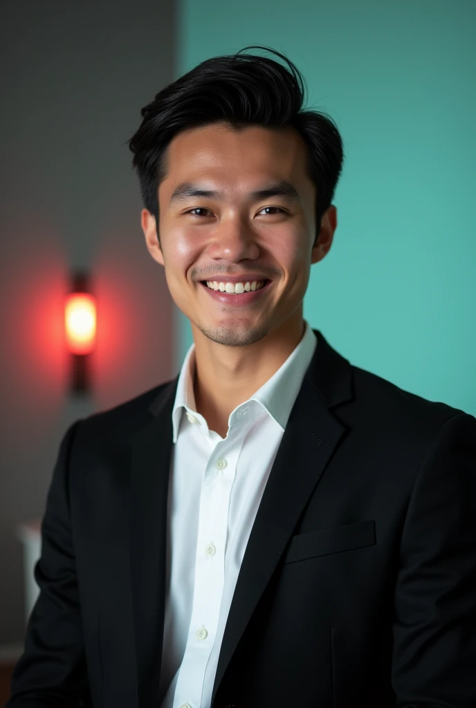 A young man with dark hair and a confident smile. He is dressed in a black blazer over a white shirt.The man is positioned Against Aqua colour backdrop with a subtle red lighting on the left side. And he posting for LinkedIn profile