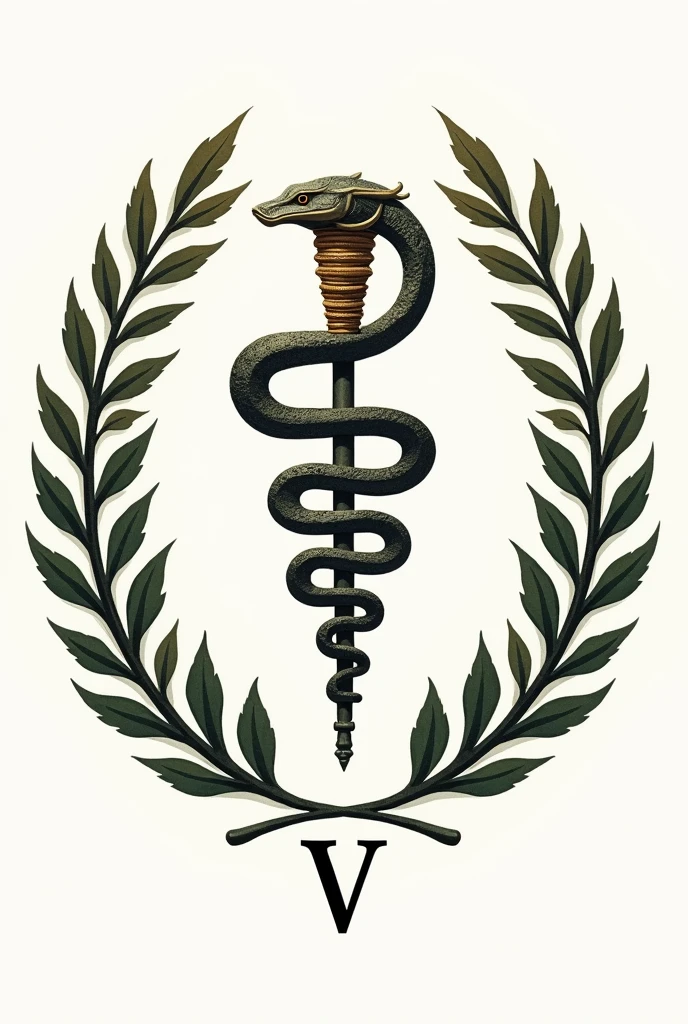 Asclepius: The serpent wrapped around a healing and medicine stick. On the coat of arms of veterinary medicine, a serpente pode aparecer em volta da letra V
Ramos de oak tree e bay leaves: These branches usually surround the main symbol., representing strength (oak tree) and victory (bay leaves).
With the letter V at the bottom.