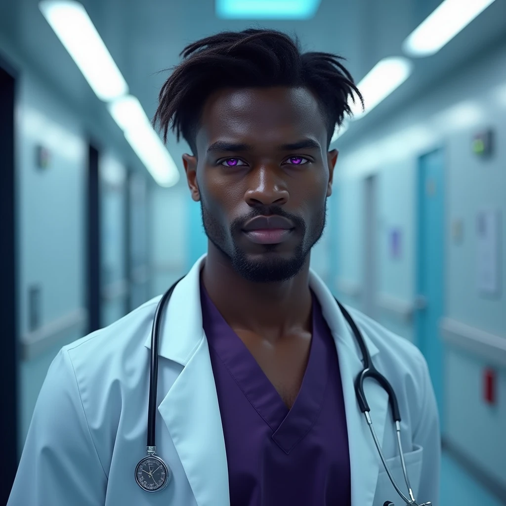Photograph headshot, hair curl-wavy side parted, very tall French featured male model, shaved, toned body, ebony skin, vibrant purple eyes, tall thin toned body. Gentle smile expression. Doctor coat, dark purple shirt, modern sci-fi hospital office.
