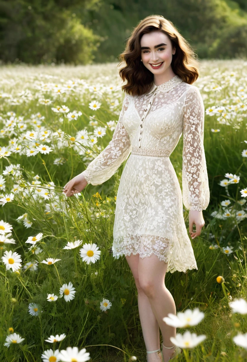 Scarlet Johanson. svelte, lean curvaceous-figure. cute long sleeved. lace boho dress. dd-cup sized breasts. short and dainty. happy, smiling cheerful face. Skipping in a magical meadow of daisies. Magical realism. 1950s Panovision 70. 4K Ultra HD, Extreme Detail And Intricate Realism. Stunning 2D Vector Detailed clear. lifelike.
