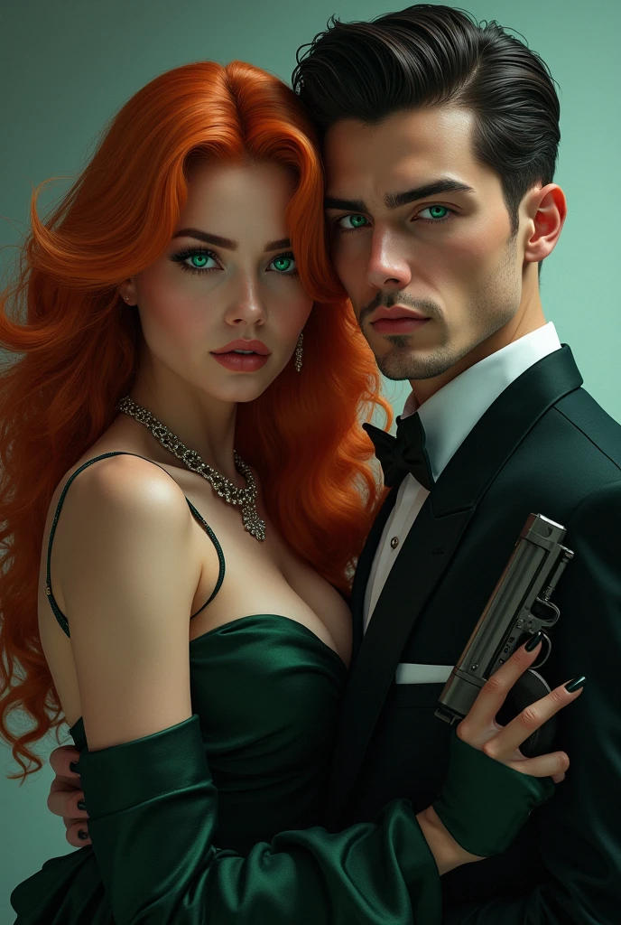 Sexy and attractive woman of approximately 2, with long copper-colored hair, Her mermaid eyes are green like emeralds, She is dominant and powerful while holding a weapon in her hand, Next to her was a young man of approximately 24 years of age with black hair combed perfectly back.,Without beard, while his ocean blue eyes look with power and dominance, As a true gentleman and leader of the mafia willing to do anything for her and she for him. 
