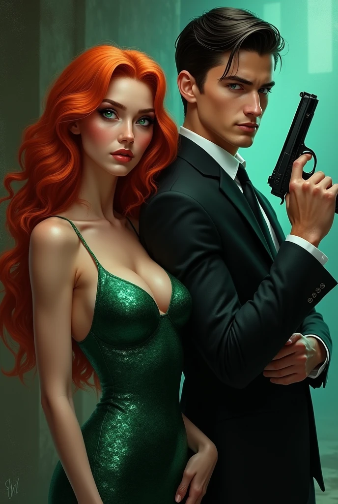 Sexy and attractive woman of approximately 2, with long copper-colored hair, Her mermaid eyes are green like emeralds, She is dominant and powerful while holding a weapon in her hand, Next to her was a young man of approximately 24 years of age with black hair combed perfectly back.,Without beard, while his ocean blue eyes look with power and dominance, As a true gentleman and leader of the mafia willing to do anything for her and she for him.