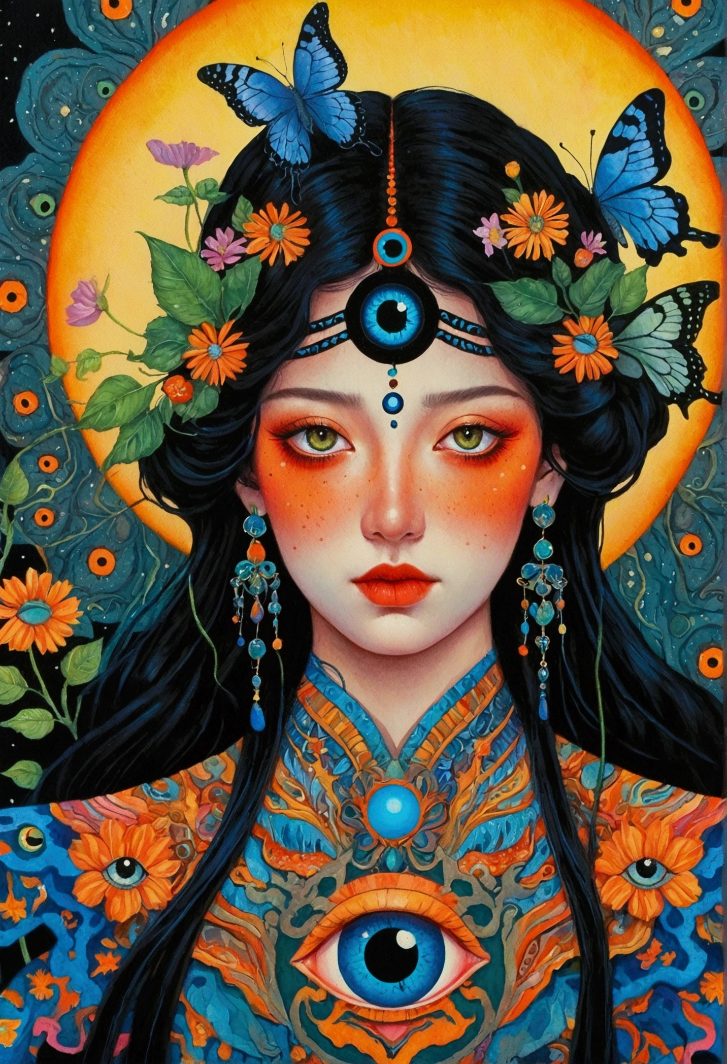 A woman wearing flowers，Paintings with butterflies flying around, highly detailed Fantasy Art, The Third Eye睛, Fantasy Art style, Fantasy Art, Psychedelic Goddess, Psychedelic illustration, The Third Eye的视觉, art deco flower shaman, The Third Eye, Psychedelic Organic, hyper - detailed Fantasy Art, Fantasy painting, hyper detailed Fantasy Art, Complex artwork. Neon eyes